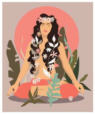 A young woman takes yoga lessons. The girl performs aerobics exercises and morning meditation. Physical and spiritual practice. The illustration in the style of a faceless. 