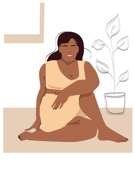 A young woman size plus takes yoga lessons. Body positive.The girl performs aerobics exercises and morning meditation. Physical and spiritual practice. The illustration in the style of a faceless. 