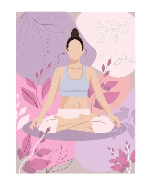 A young woman takes yoga lessons. The girl performs aerobics exercises and morning meditation. Physical and spiritual practice. The illustration in the style of a faceless. 