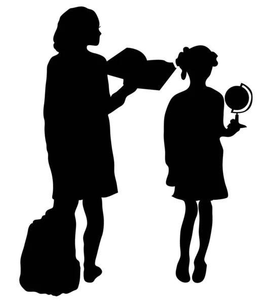 Illustration Silhouettes Children Schoolchildren Students Children Girl Read Book Back — Stock vektor