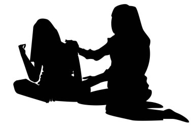 Silhouettes  a teenage girl is sitting with her mom.the girl is sad, and her mother calms her down.