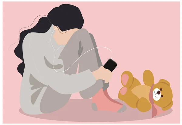 ILLUSTRATION OF A TEENAGE GIRL. A TEENAGE GIRL WITH A TOY.TEENAGR CRYING
