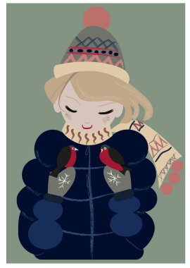 Mutlu Noeller ve mutlu yıllar! Kışın güzel kız resimleri. Kart, poster ya da arka plan için çizimler.