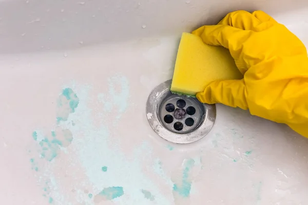 Cleaning Sink Rubber Gloves Using Detergent Powder Sponge — Stock Photo, Image