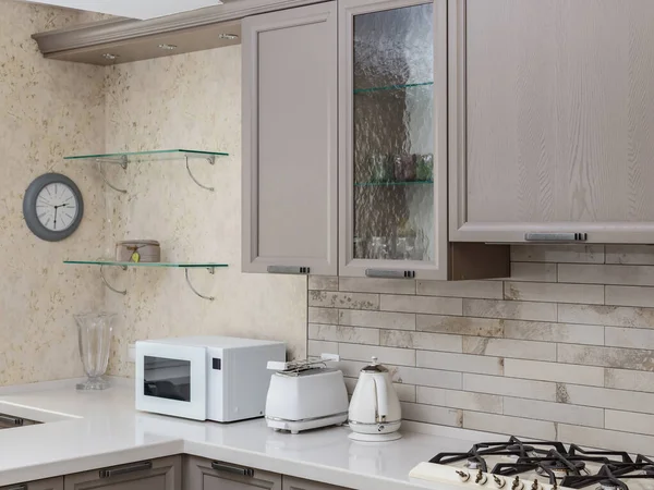 Modern beige kitchen furniture with kitchen accessories. Kitchen interior design.