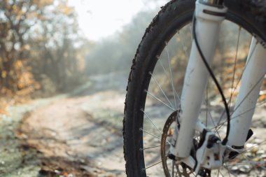 Orman yolunda bir bisikletin ön tekerleği. Doğada döngü.