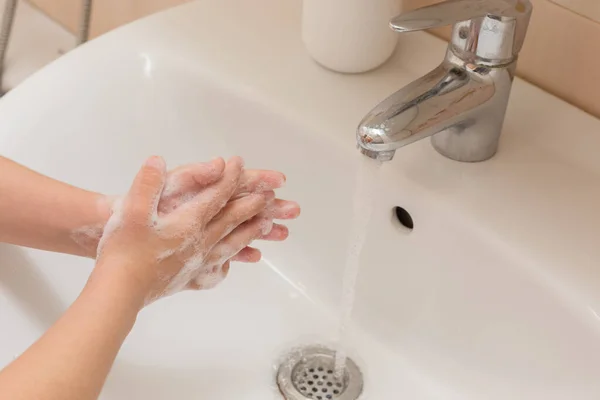 Hands Young Girl Washing Her Hands Soap Running Water Bathroom — Stock Photo, Image