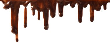 Beyaz izole edilmiş arka planda çikolata damlaları. Panoramik bileşim.