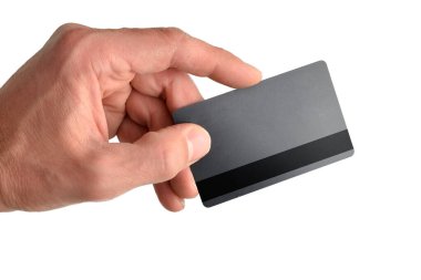 Elektronik ödeme konsepti, kredi kartı beyazının izole edilmiş geçmişini gösteriyor. Yatay bileşim.