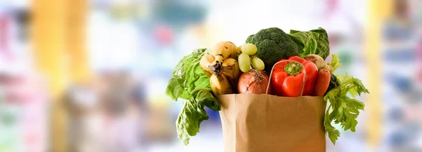 Sac Provisions Recyclable Avec Fruits Légumes Fond Supermarché Vue Face — Photo