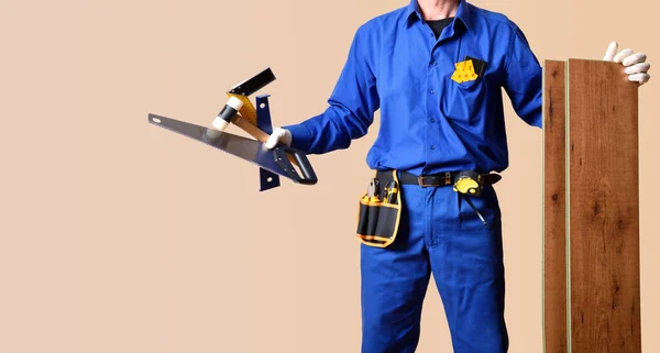 Background Detail Body Parquet Installer Dressed Overalls Provided Tools Parquet — Stock Photo, Image