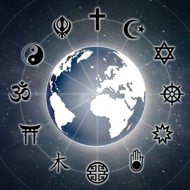 Representation of a globe with the most representative religious symbols and background of the universe with stars. clipart