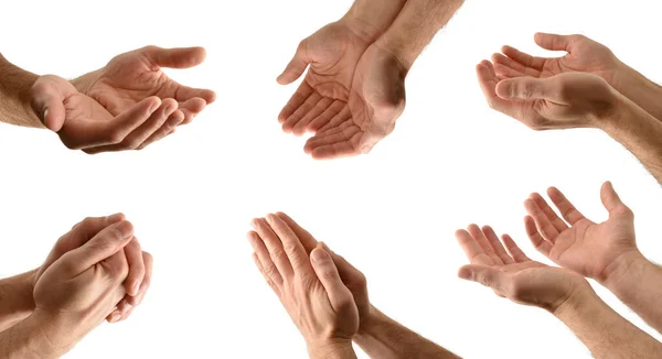 Набір Рук Людини Різними Релігійними Жестами Ізольованим Білим Тлом — стокове фото