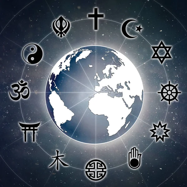 Representation Globe Most Representative Religious Symbols Background Universe Stars — Stock Photo, Image