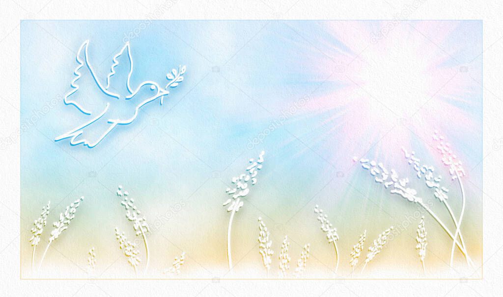 Illustrative religious background of peace and wholeness with silhouette of dove flying with olive branch with nature background with ears of wheat.