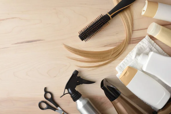 Professional Hairdresser Stylist Products Hair Care Wooden Table Top View — Stock Photo, Image