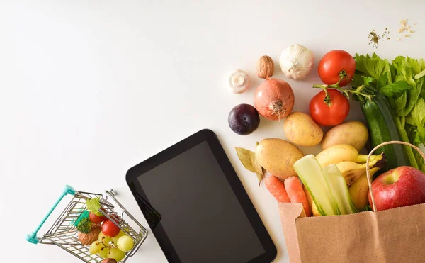 Conceptual Background Online Shopping Background Mobile Devices Supermarket Shopping Bag — Foto de Stock