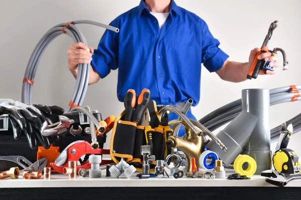 Sample Plumbing Materials Tools Workbench White Isolated Background Front View — Stockfoto