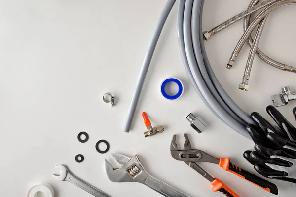 Group Plumbing Materials Tools White Workbench Top View Horizontal Composition — Fotografia de Stock