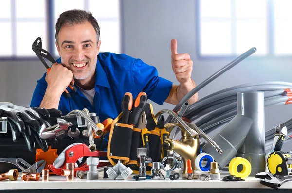 Sample Plumbing Materials Tools Workbench White Isolated Background Front View — Stockfoto