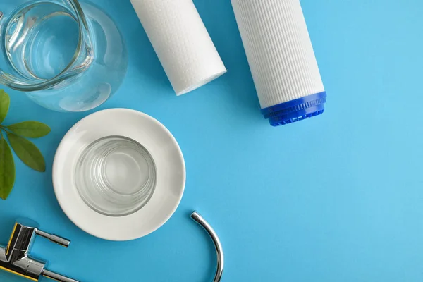 Set Domestic Reverse Osmosis Filters Glass Jug Purified Water Blue —  Fotos de Stock