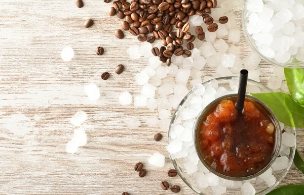 Fondo Con Detalle Bebida Café Con Hielo Banco Cocina Madera — Foto de Stock