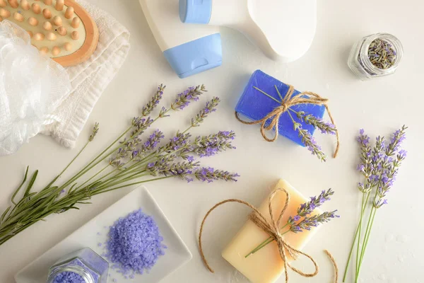 Lavender Bath Products White Table Toiletries Top View Horizontal Composition — Stock Photo, Image
