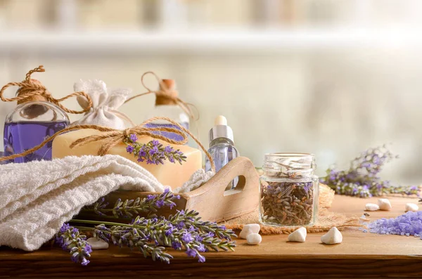 Set Natural Lavender Body Care Products Wooden Table Front View — Stock Photo, Image
