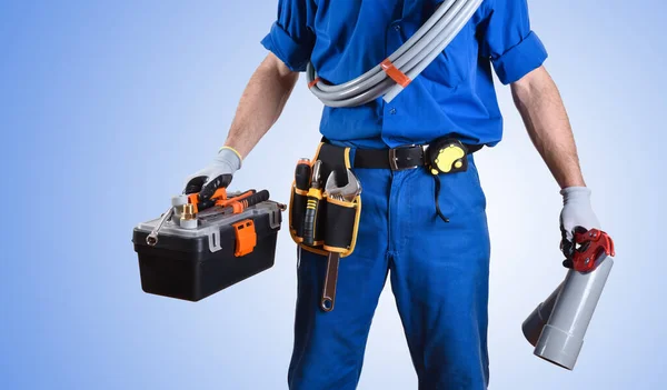 Detail Uniformed Plumber Work Tools Hands Blue Gradient Isolated Background — Stock Photo, Image