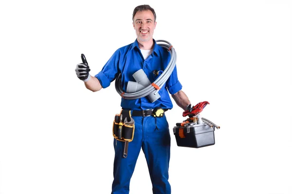 Portrait Uniformed Plumber Work Tools Hands Sign White Isolated Background — Stock Photo, Image