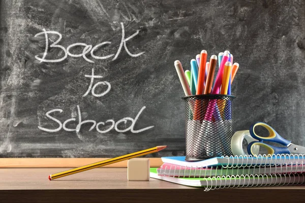School Supplies Wooden Table Blackboard Background Message Back School Front — ストック写真