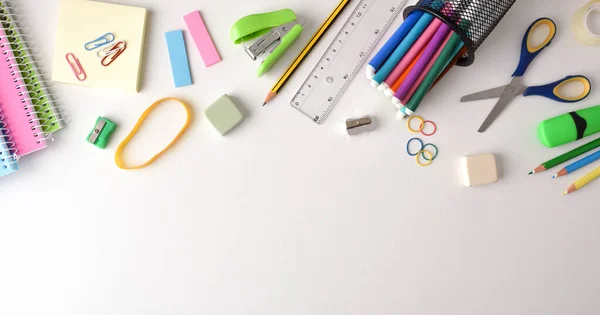 Background School Supplies White Table Top Top View Horizontal Panoramic — Stockfoto