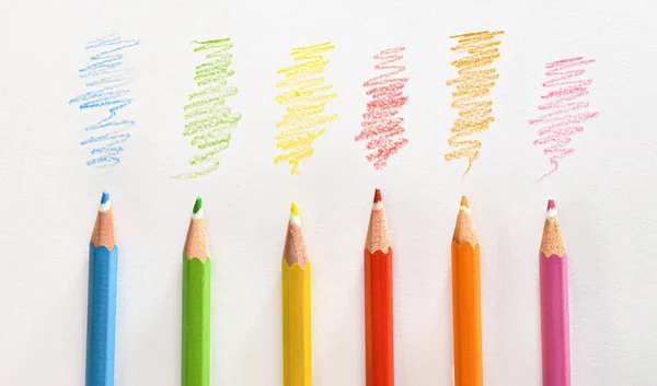 Detail Various Colored Pencils White Striped Paper Top View Horizontal — Stock Photo, Image