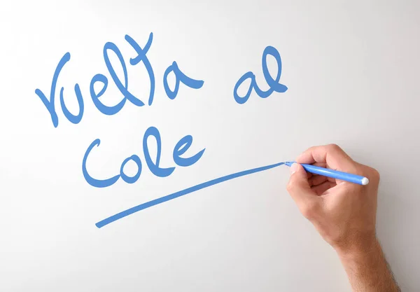 Hand Writing Vuelta Cole White Board Blue Marker Isolated White —  Fotos de Stock