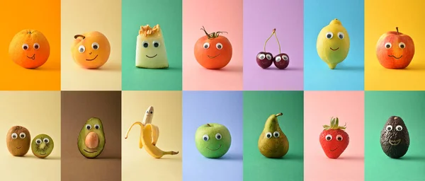 Set Colorful Funny Fruits Face Isolated Color Background Fruits Child —  Fotos de Stock