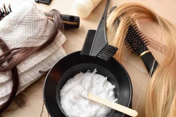 Detail Set Hair Treatment Products Wooden Table Top View Horizontal — Stockfoto