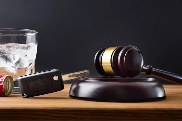 Gavel Car Key Glass Alcohol Wooden Table Black Isolated Background — Stock Photo, Image