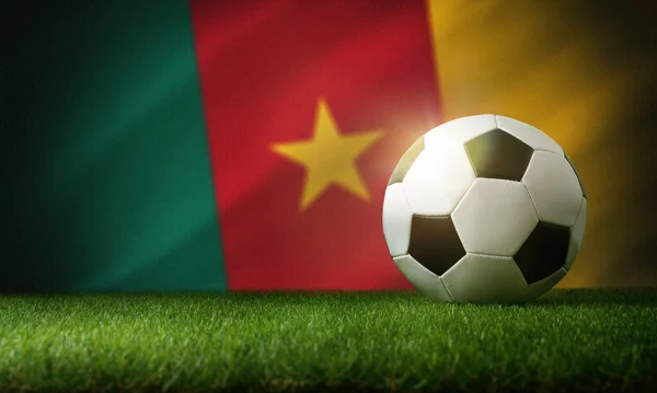 Состав Сборной Камеруна Классическим Мячом Траве Флагом Заднем Плане Вид — стоковое фото