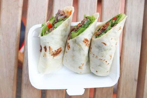 Kebab Pork Wraps Taco Vegetable Roll Mexican Rolls Beef Wraps — Stock Photo, Image