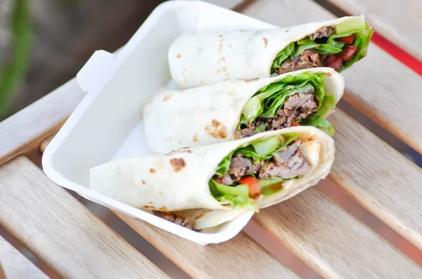 Kebab Pork Wraps Taco Vegetable Roll Mexican Rolls Beef Wraps — Stock Photo, Image