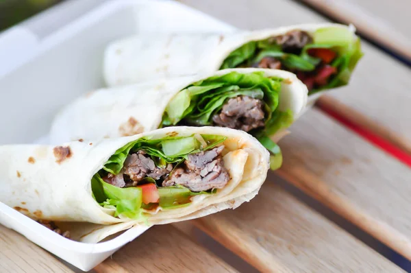 Kebab Pork Wraps Taco Vegetable Roll Mexican Rolls Beef Wraps — Stock Photo, Image
