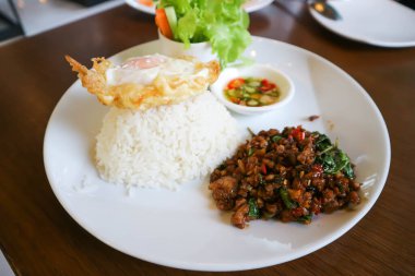 stir-fried pork, stir-fried pork with holy basil and chili and sunny side up egg
