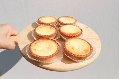 Servis için tepside turta, peynir turtası ya da turta