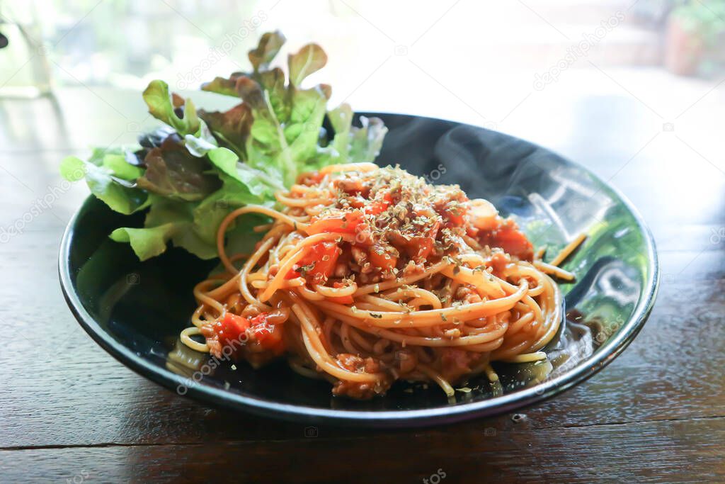 spaghetti or spicy spaghetti, pasta or spicy pasta oe tomato spaghetti for serve