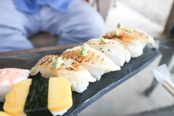 Sushi Engawa Sushi Fish Sushi Egg Sushi Rice Topped Engawa — Fotografie, imagine de stoc