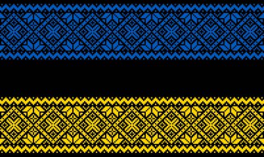 Ukrayna 'nın ulusal renklerinde işlenmiş siyah bir arka planda Ukrayna süsü. Yaşasın Ukaine. Geleneksel Ukrayna. Ulusal bayrak
