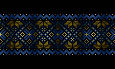 Ukrayna 'nın ulusal renklerinde siyah bir zemin üzerine işlenmiş Ukrayna süslemeleri.