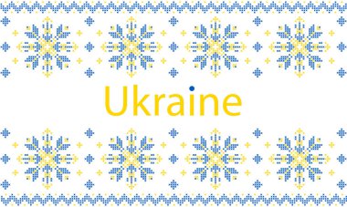 Beyaz arka planda ulusal renklerde örgü iğneleriyle işlenmiş Ukrayna süsü. Ukrayna bayrağı. Ukrayna nakış taşıyıcısı. Norveçli Jacquard. Ukrayna halk kıyafetleri. Nakış için desenler