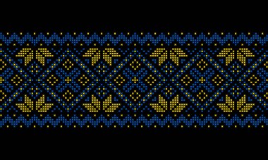 Ukrayna 'nın ulusal renklerinde siyah bir zemin üzerine işlenmiş Ukrayna süslemeleri.