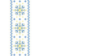 Beyaz arka planda ulusal renklerde örgü iğneleriyle işlenmiş Ukrayna süsü. Ukrayna bayrağı. Ukrayna nakış taşıyıcısı. Norveçli Jacquard. Ukrayna halk kıyafetleri. Nakış için desenler